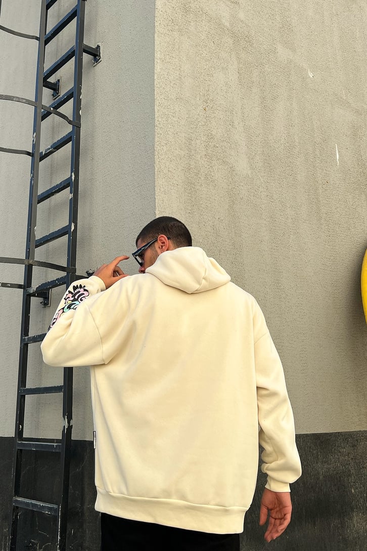 Ofcl Kol Baskılı Krem Oversize Sweatshirt