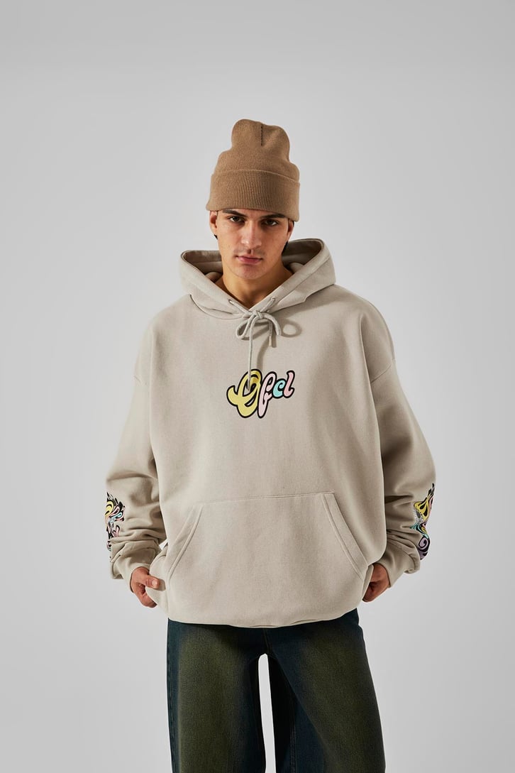 Ofcl Kol Baskılı Krem Oversize Sweatshirt