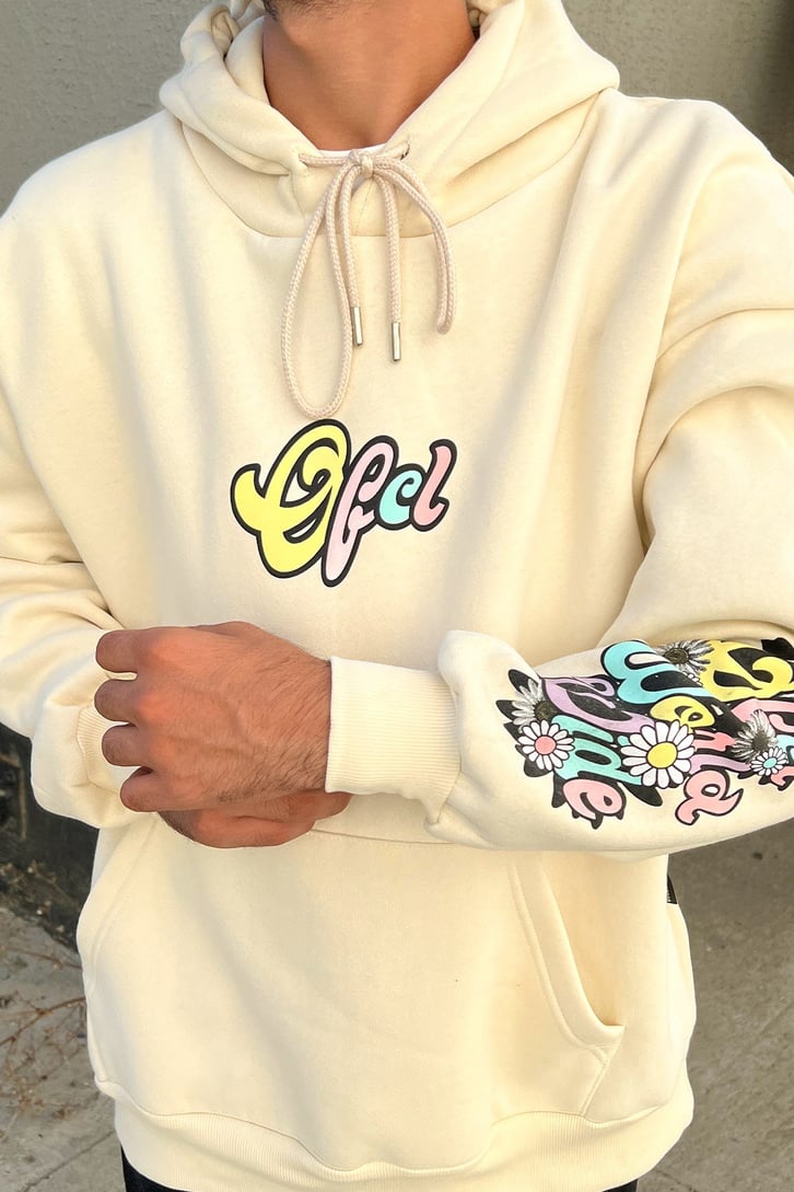 Ofcl Kol Baskılı Krem Oversize Sweatshirt