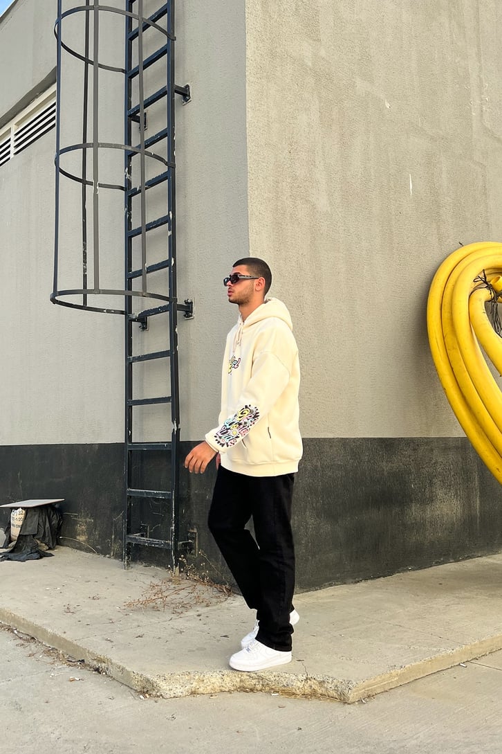 Ofcl Kol Baskılı Krem Oversize Sweatshirt