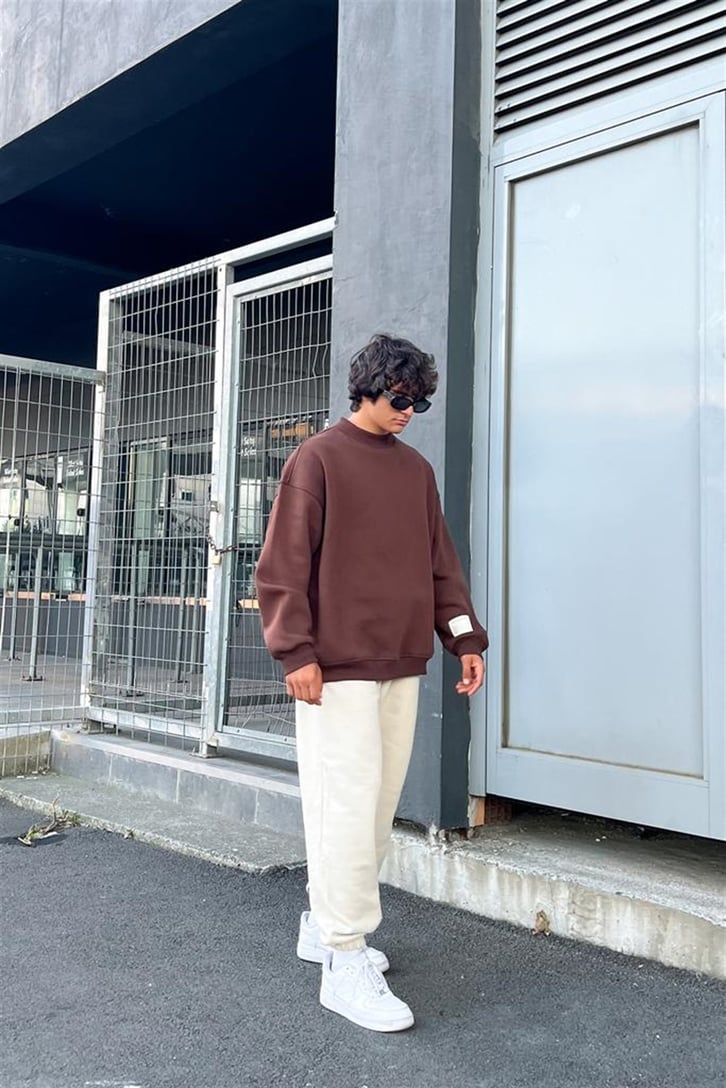 Ofcl Nakışı Krem Relaxed Eşofman Altı