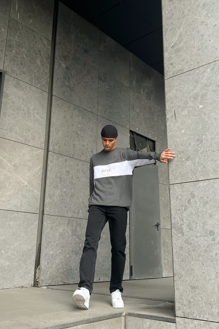 OFCL Nakışlı Koyu Gri Oversize Sweatshirt