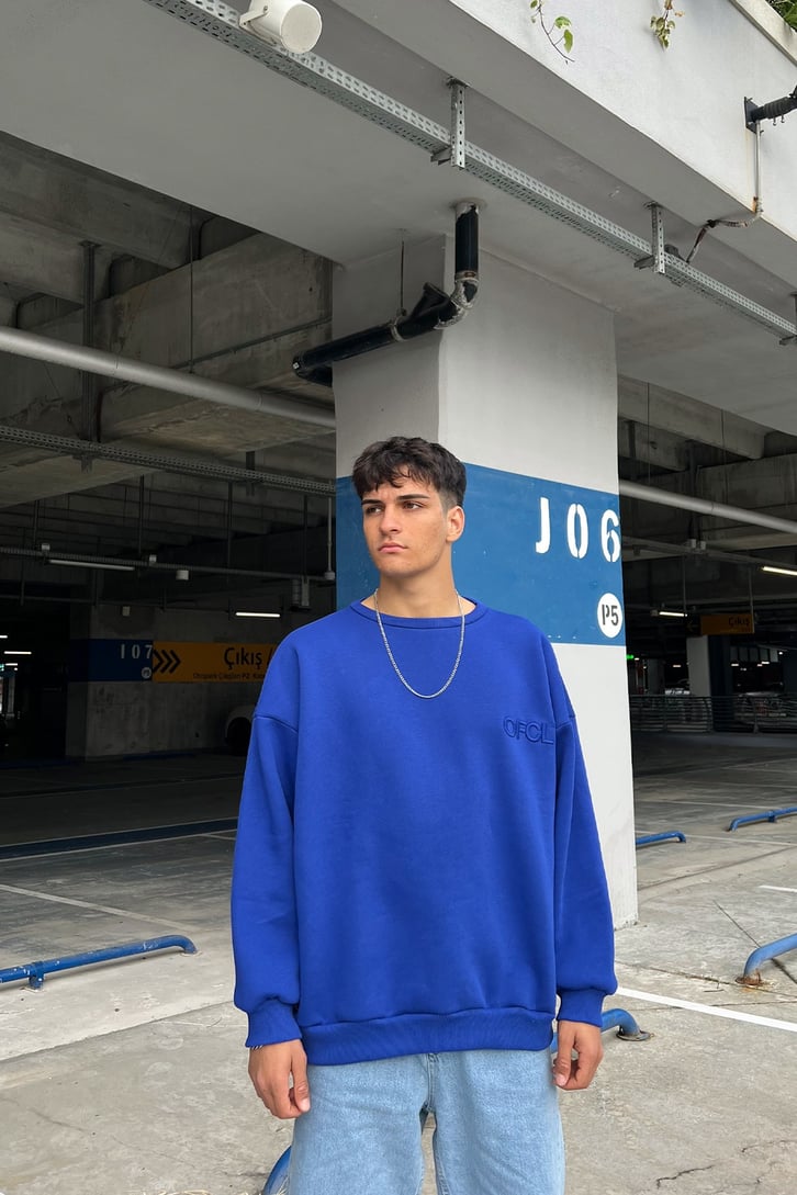 OFCL Nakışlı Saks Mavisi Oversize Sweatshirt