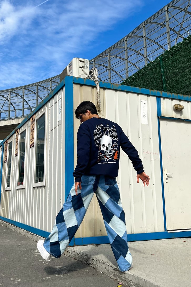 Ofcl Skull Sırt Baskılı Lacivert Oversize Sweatshirt