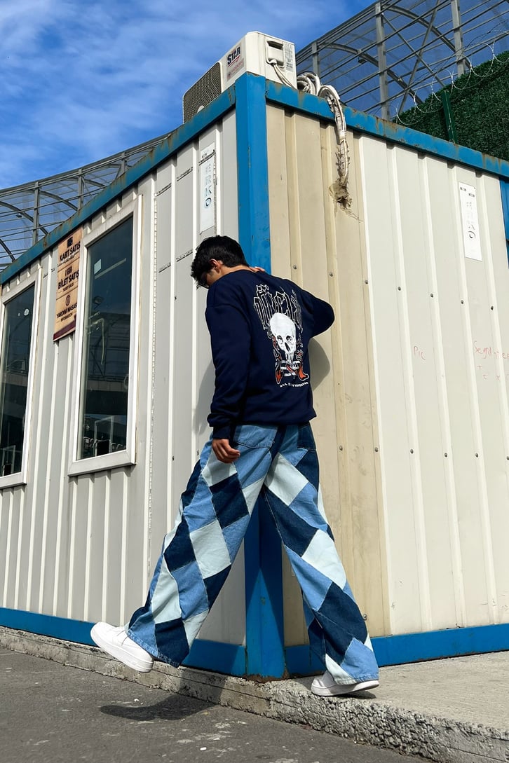 Ofcl Skull Sırt Baskılı Lacivert Oversize Sweatshirt