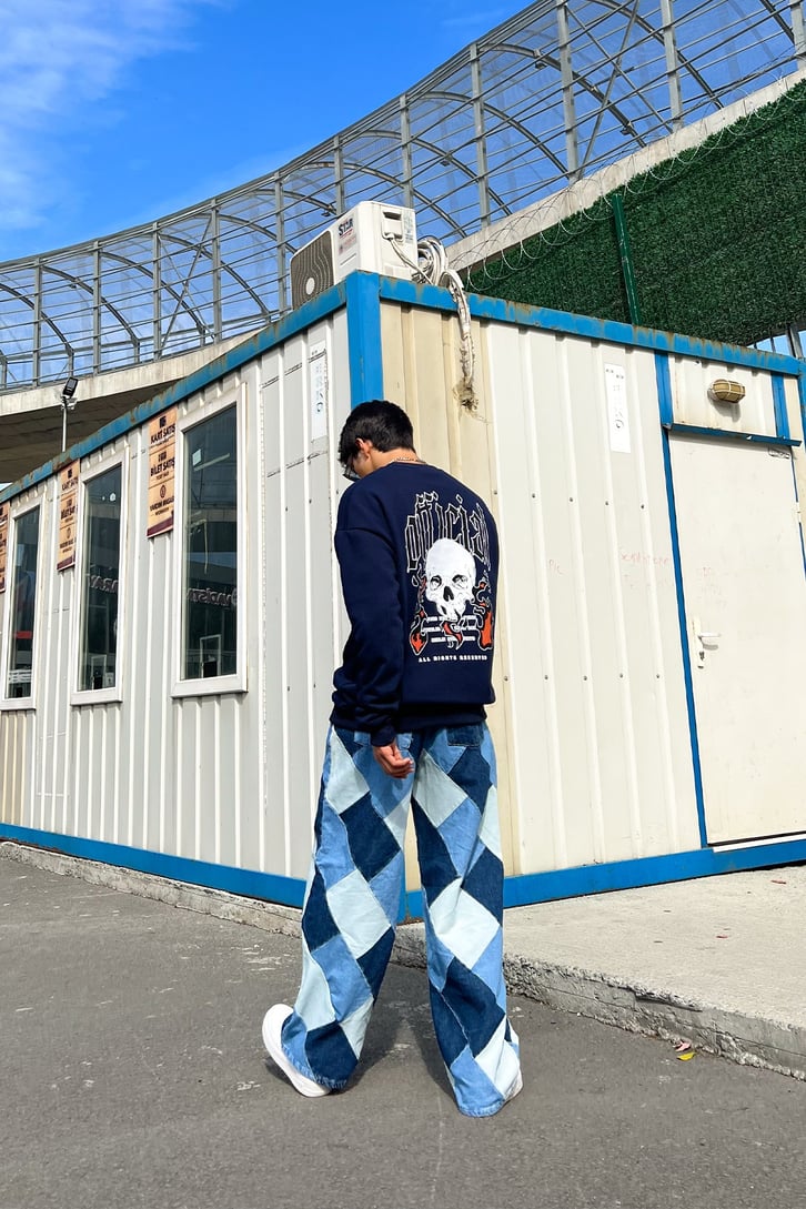 Ofcl Skull Sırt Baskılı Lacivert Oversize Sweatshirt