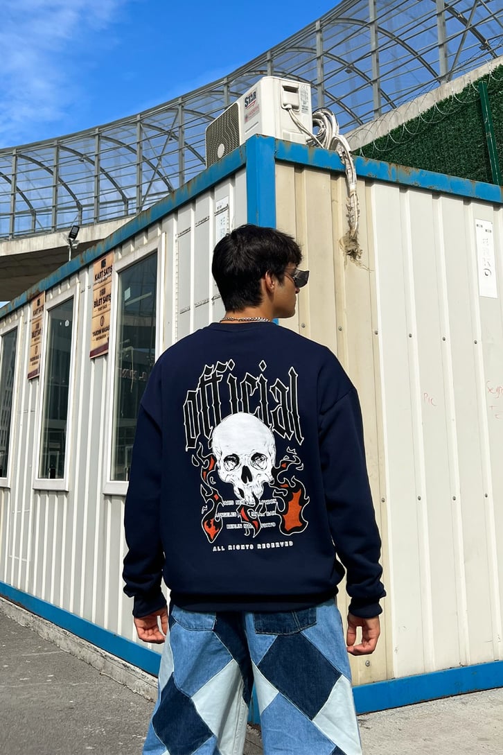 Ofcl Skull Sırt Baskılı Lacivert Oversize Sweatshirt
