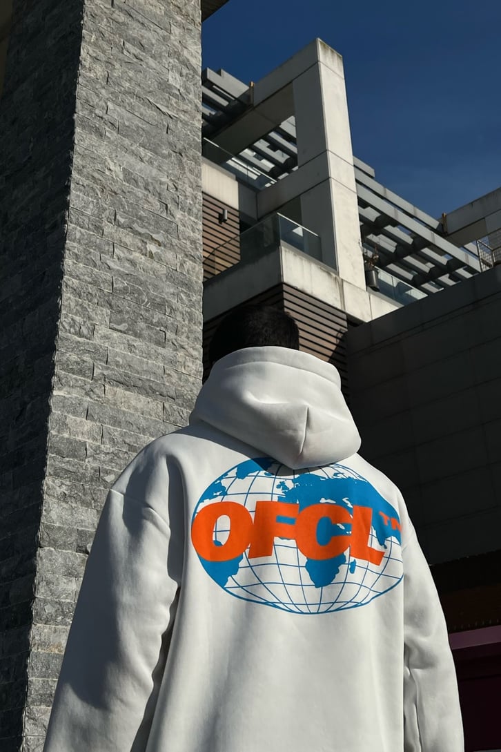 Ofcl World Sırt Baskılı Beyaz Oversize Hoodie