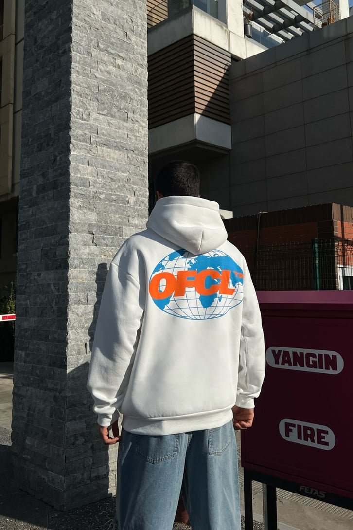 Ofcl World Sırt Baskılı Beyaz Oversize Hoodie