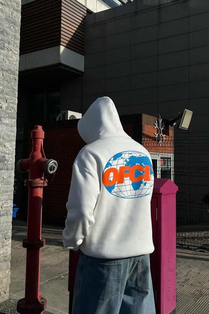 Ofcl World Sırt Baskılı Beyaz Oversize Hoodie