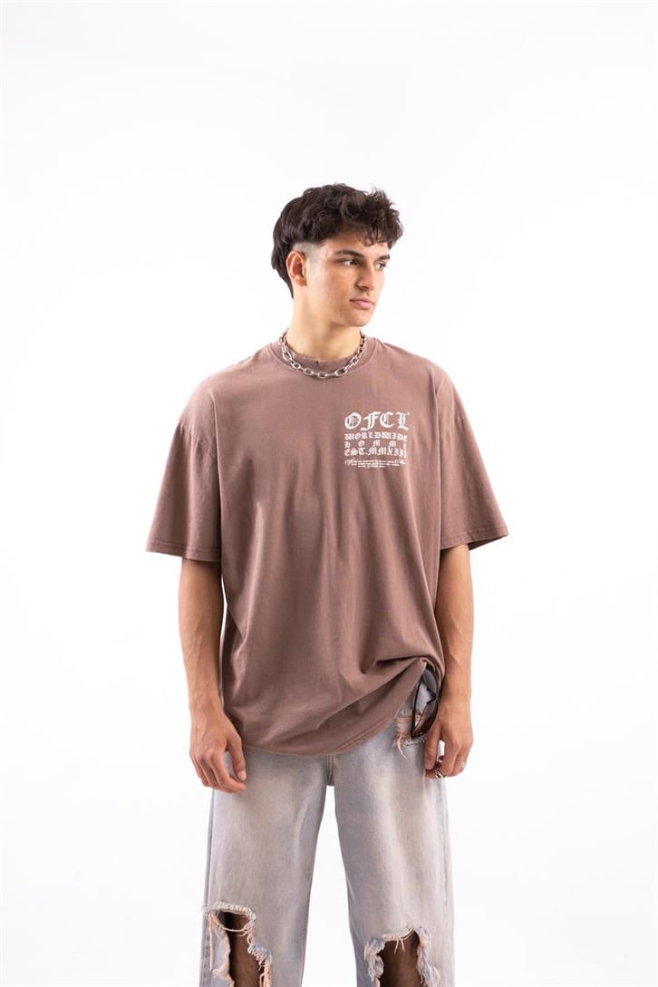 Ofcl Worldwide Sırt Baskılı Kahverengi Oversize Tshirt