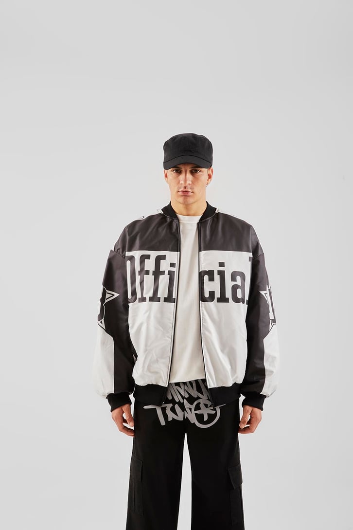 Official Baskılı Siyah Oversize Ceket