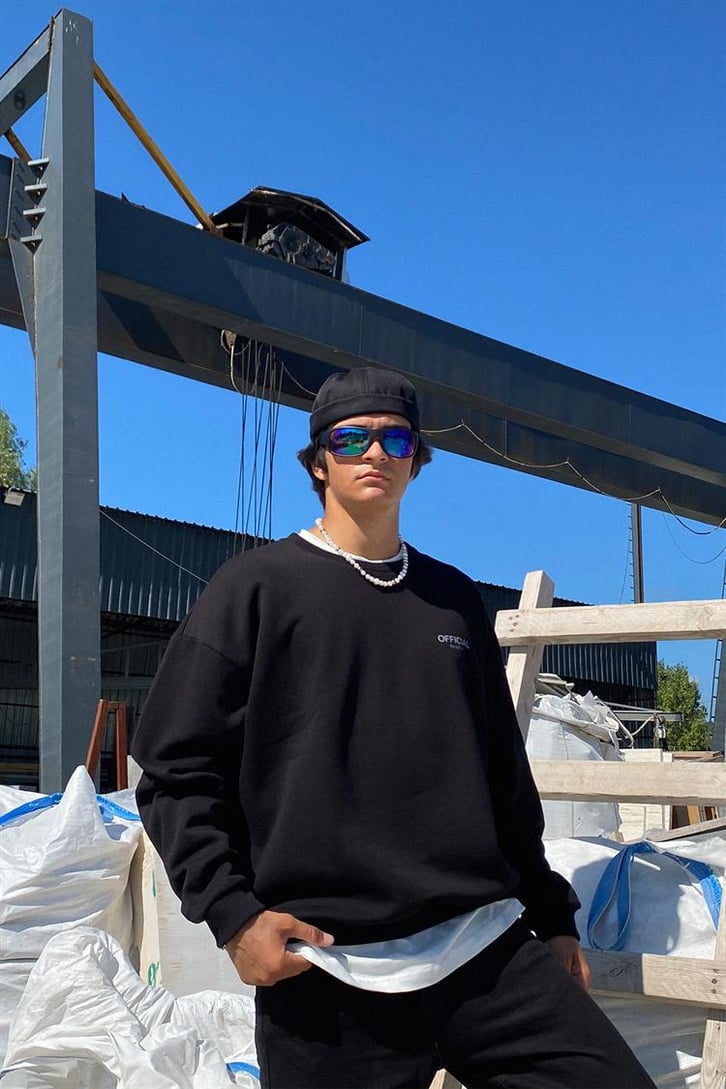 Official Baskılı Siyah Oversize Hoodie