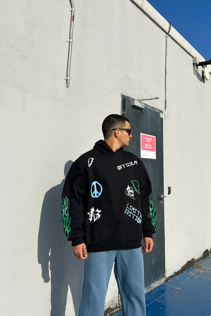 Official Baskılı Siyah Oversize Sweatshirt