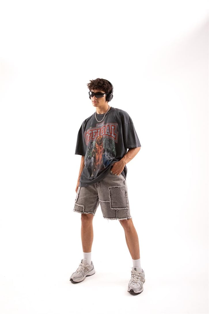 Official Bear Baskılı Acid Wash Oversize Tişört