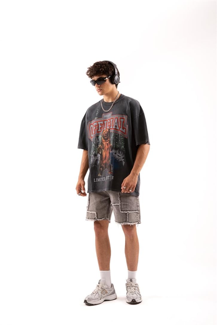 Official Bear Baskılı Acid Wash Oversize Tişört