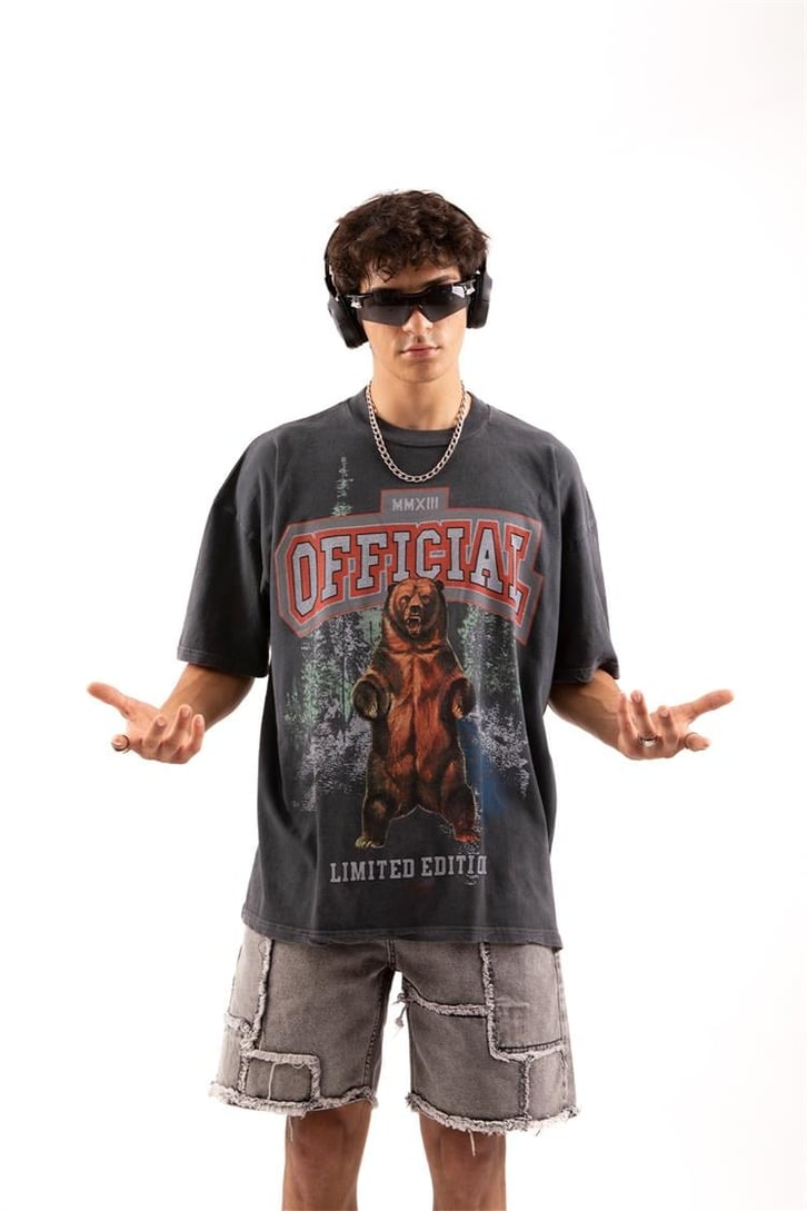 Official Bear Baskılı Acid Wash Oversize Tişört