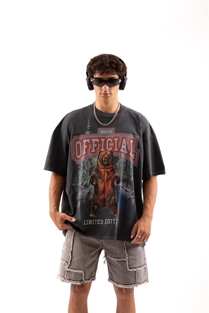 Official Bear Baskılı Acid Wash Oversize Tişört