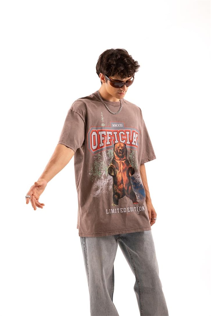 Official Bear Baskılı Kahverengi Oversize Tişört