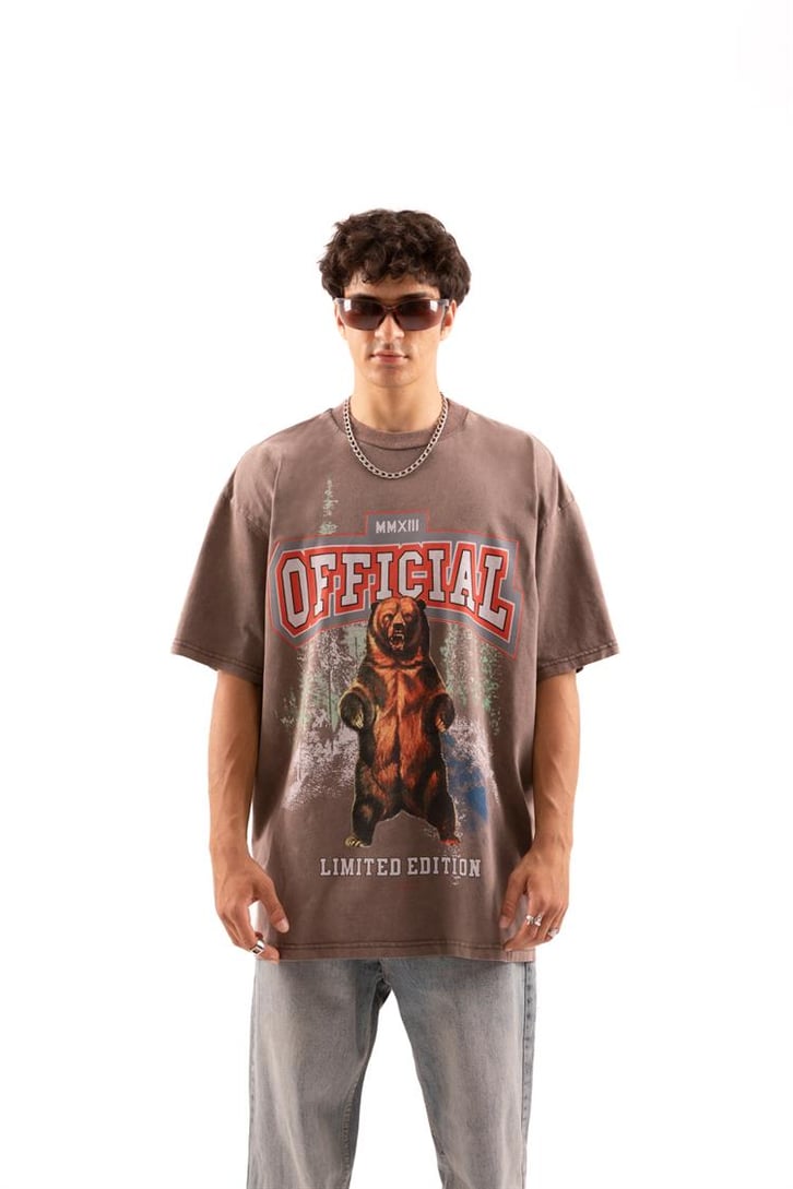 Official Bear Baskılı Kahverengi Oversize Tişört
