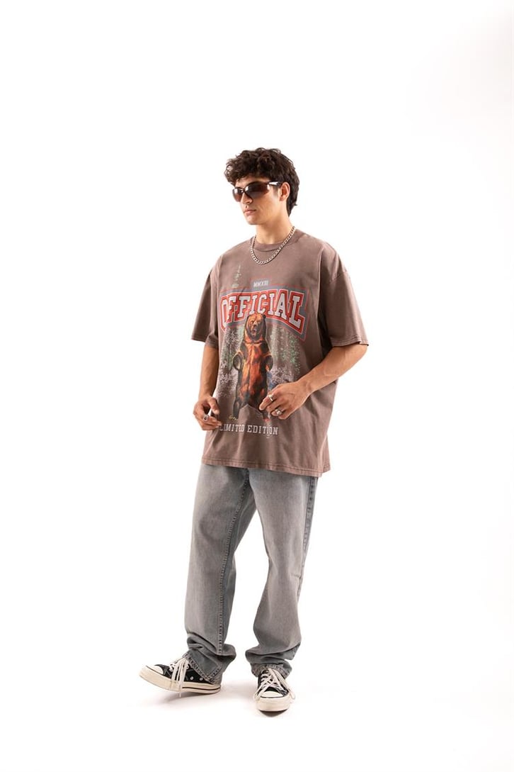 Official Bear Baskılı Kahverengi Oversize Tişört