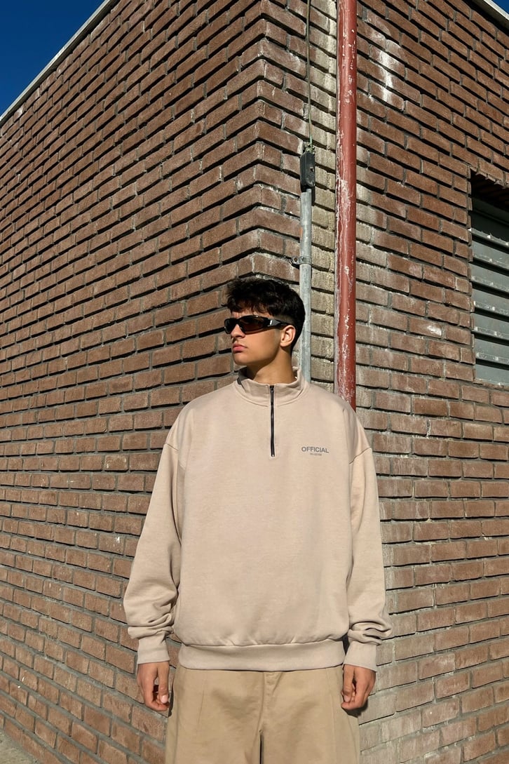 Official Fermuar Detay Bej Oversize Sweatshirt