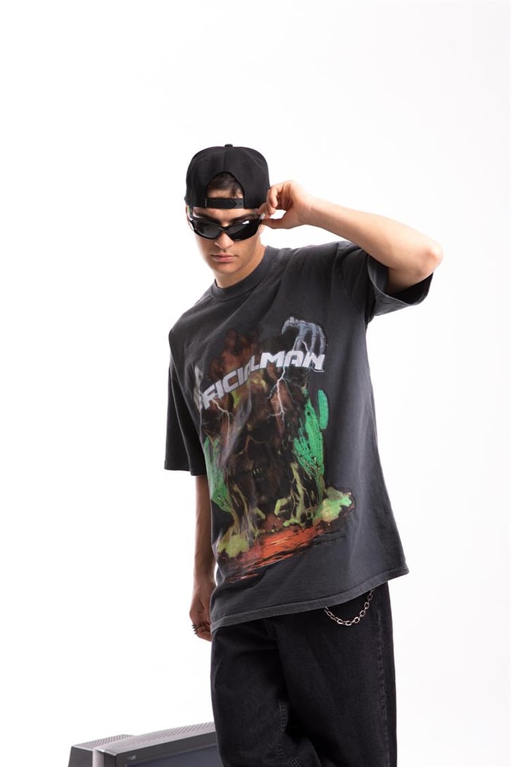 Official Skull Acid Wash Oversize Tişört