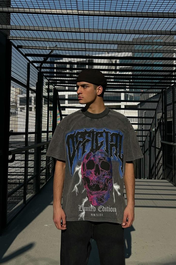 Official Skull Acid Wash Oversize Tişört