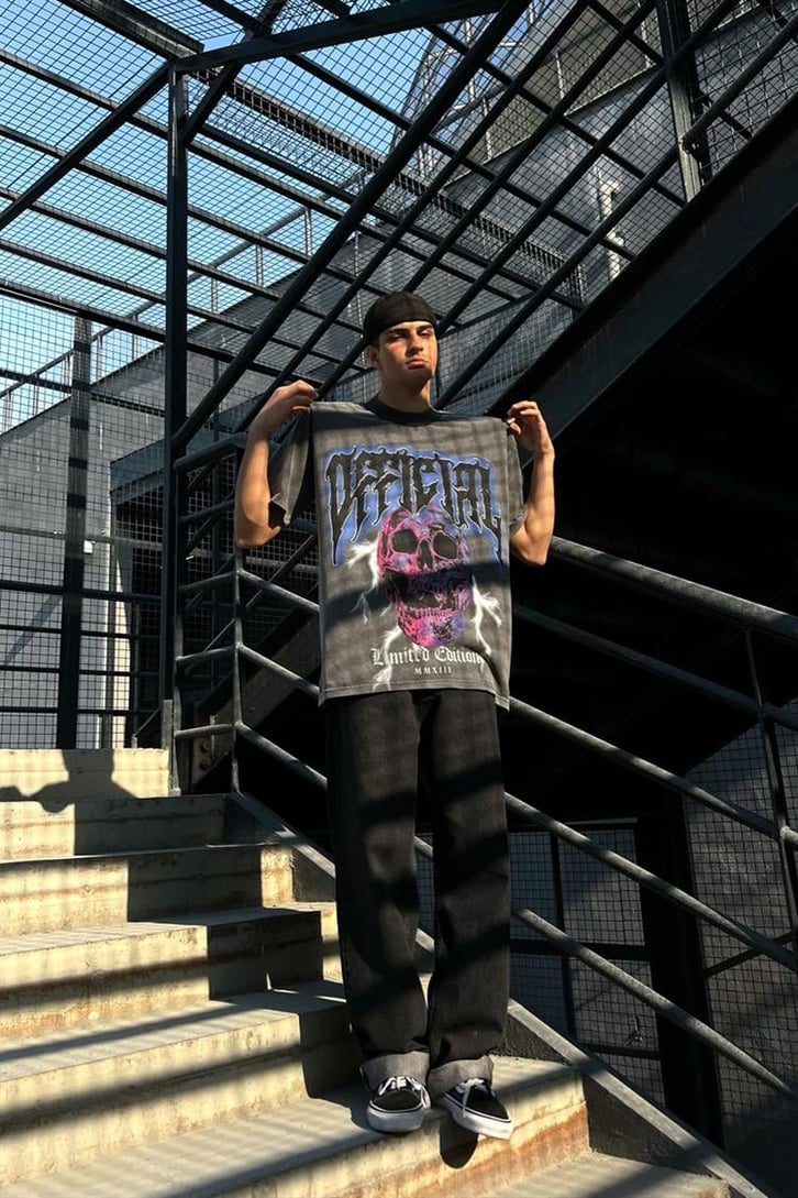 Official Skull Acid Wash Oversize Tişört