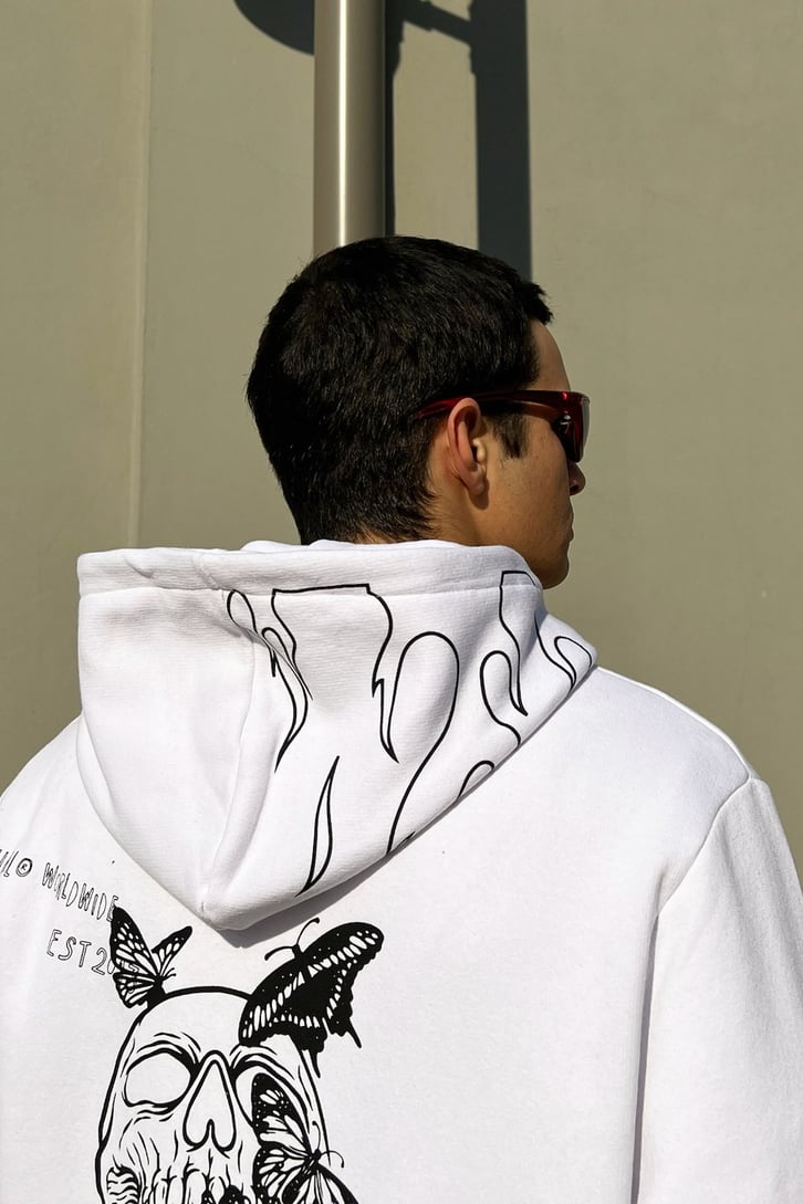 Official Worldwide Baskılı Beyaz Oversize Hoodie