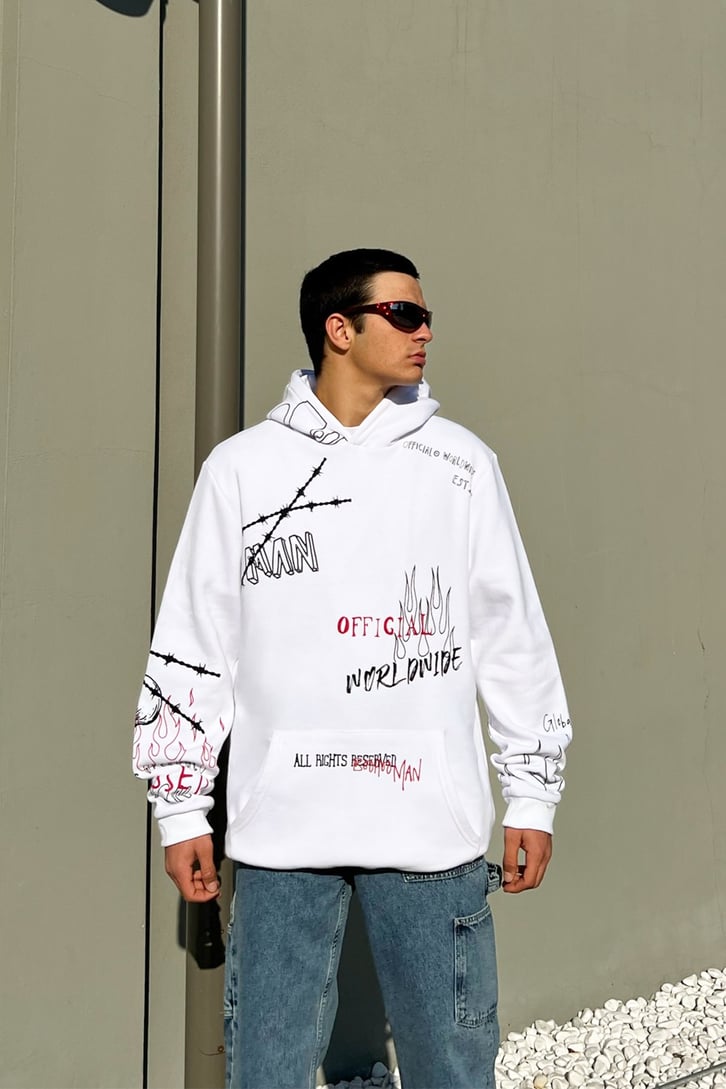 Official Worldwide Baskılı Beyaz Oversize Hoodie