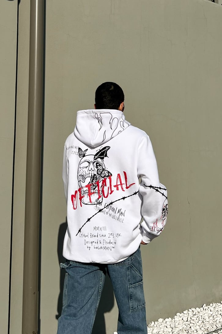 Official Worldwide Baskılı Beyaz Oversize Hoodie