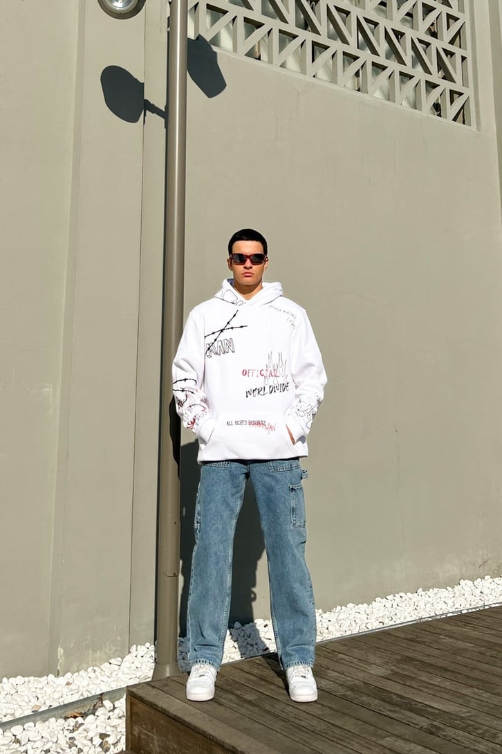Official Worldwide Baskılı Beyaz Oversize Hoodie
