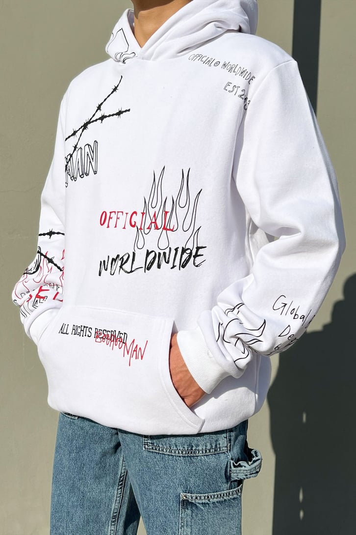 Official Worldwide Baskılı Beyaz Oversize Hoodie