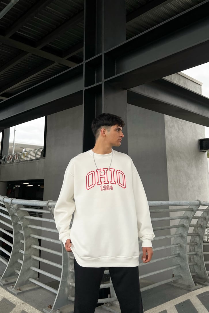 Ohio 1984 Baskılı Beyaz Oversize Sweatshirt