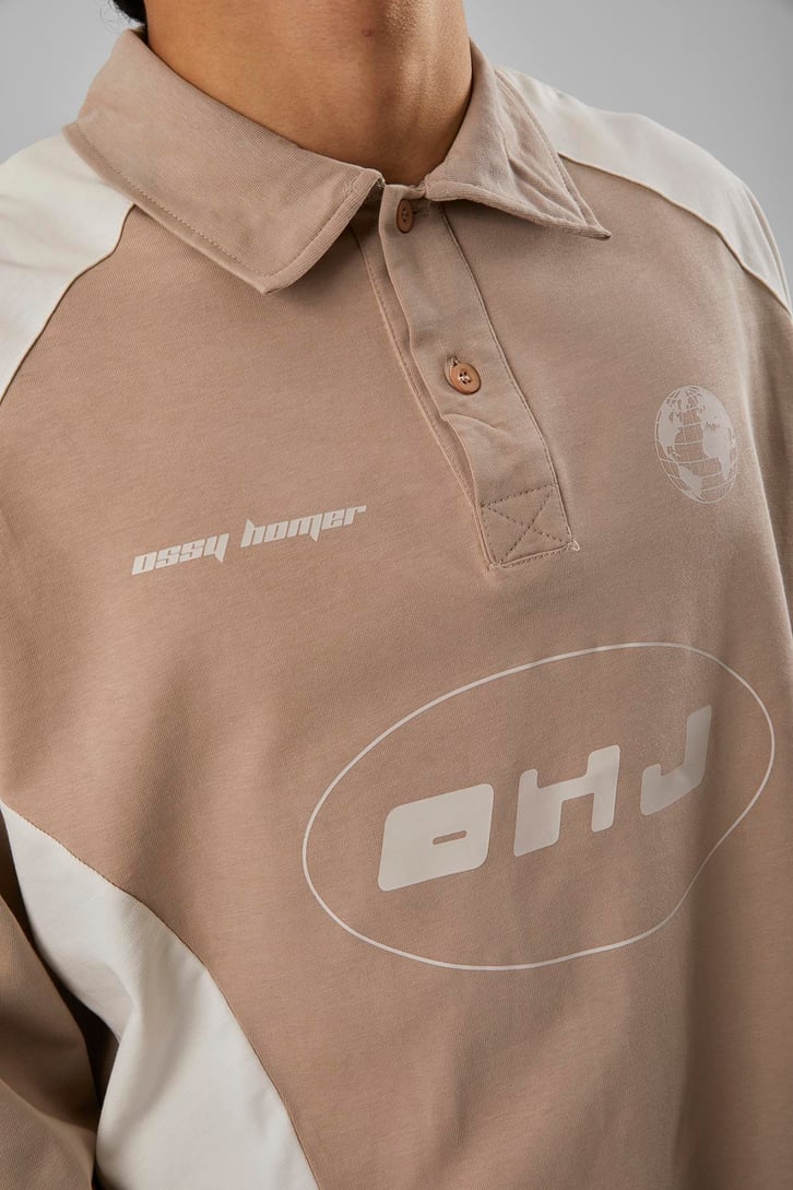 Ohj Baskılı Polo Yaka Bej Long Sleeve Tişört