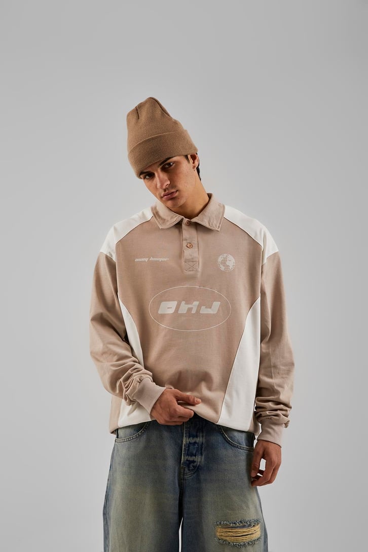 Ohj Baskılı Polo Yaka Bej Long Sleeve Tişört