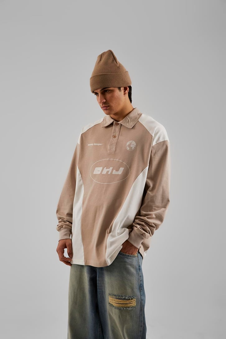 Ohj Baskılı Polo Yaka Bej Long Sleeve Tişört