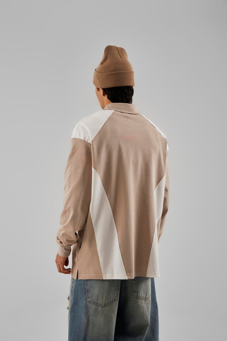Ohj Baskılı Polo Yaka Bej Long Sleeve Tişört