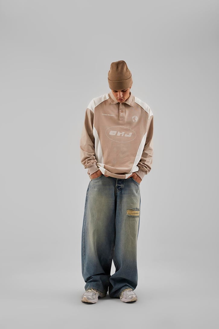 Ohj Baskılı Polo Yaka Bej Long Sleeve Tişört