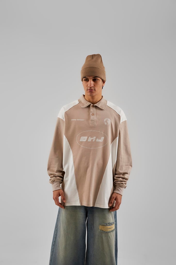 Ohj Baskılı Polo Yaka Bej Long Sleeve Tişört