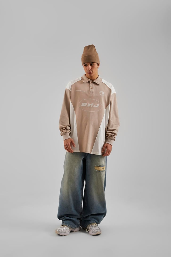 Ohj Baskılı Polo Yaka Bej Long Sleeve Tişört