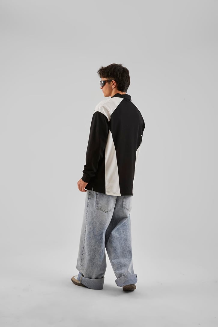 Ohj Baskılı Polo Yaka Beyaz Long Sleeve Tişört