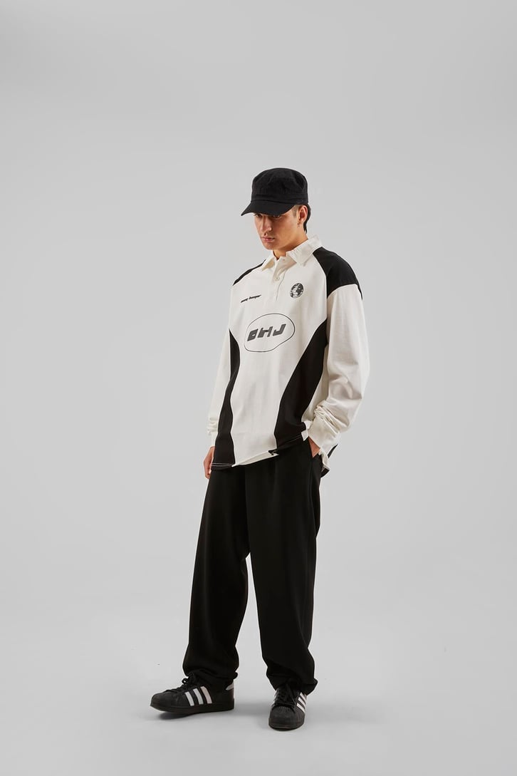 Ohj Baskılı Polo Yaka Beyaz Long Sleeve Tişört