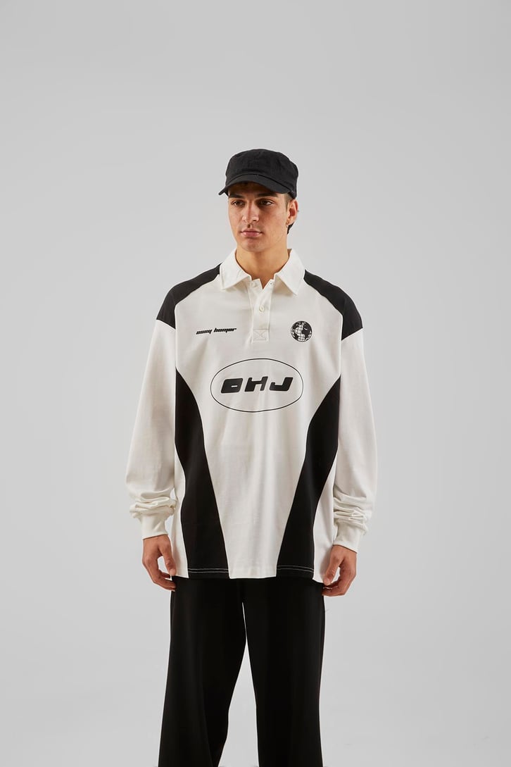 Ohj Baskılı Polo Yaka Beyaz Long Sleeve Tişört