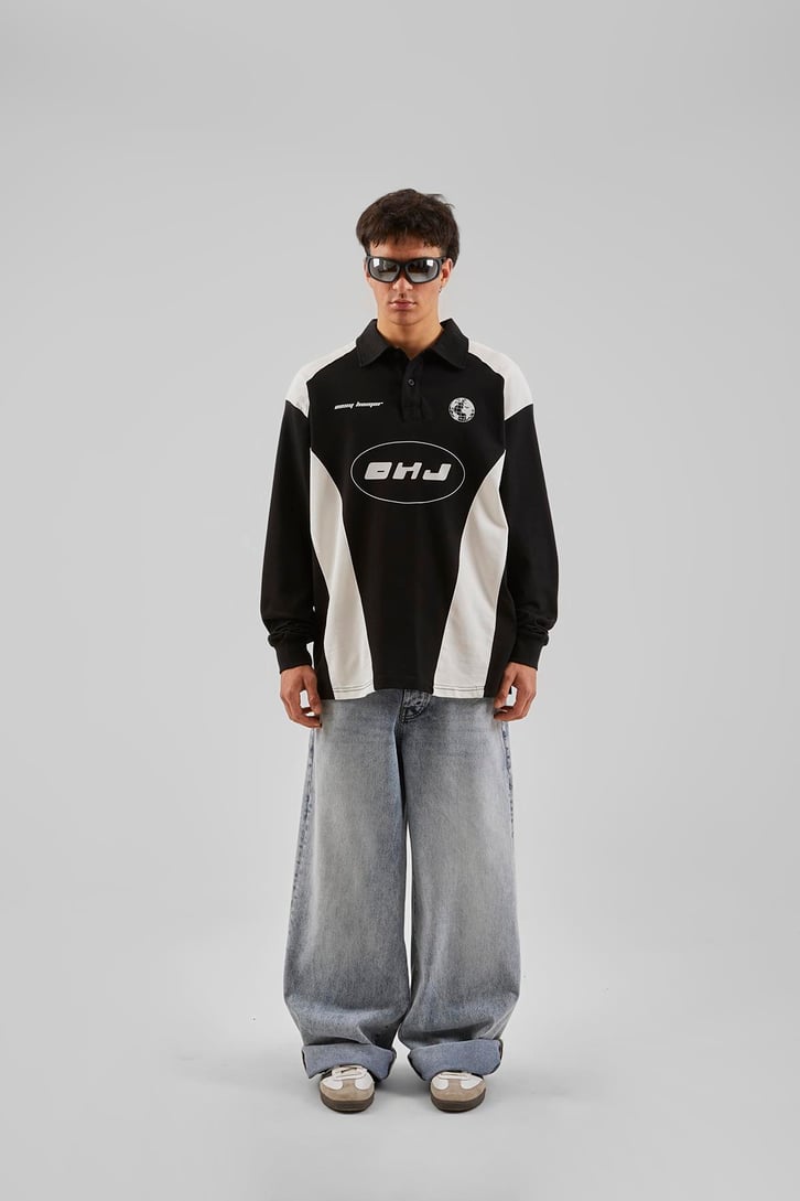 Ohj Baskılı Polo Yaka Beyaz Long Sleeve Tişört