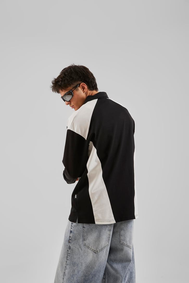 Ohj Baskılı Polo Yaka Beyaz Long Sleeve Tişört
