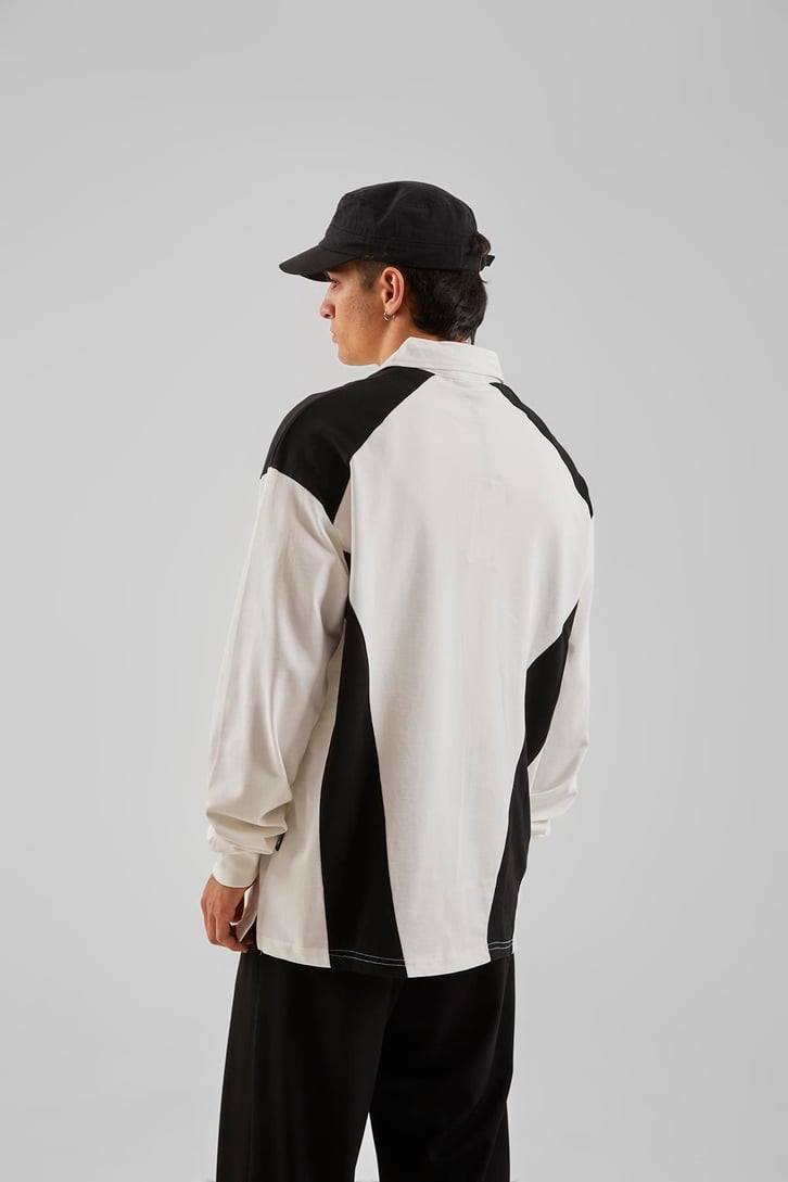 Ohj Baskılı Polo Yaka Beyaz Long Sleeve Tişört