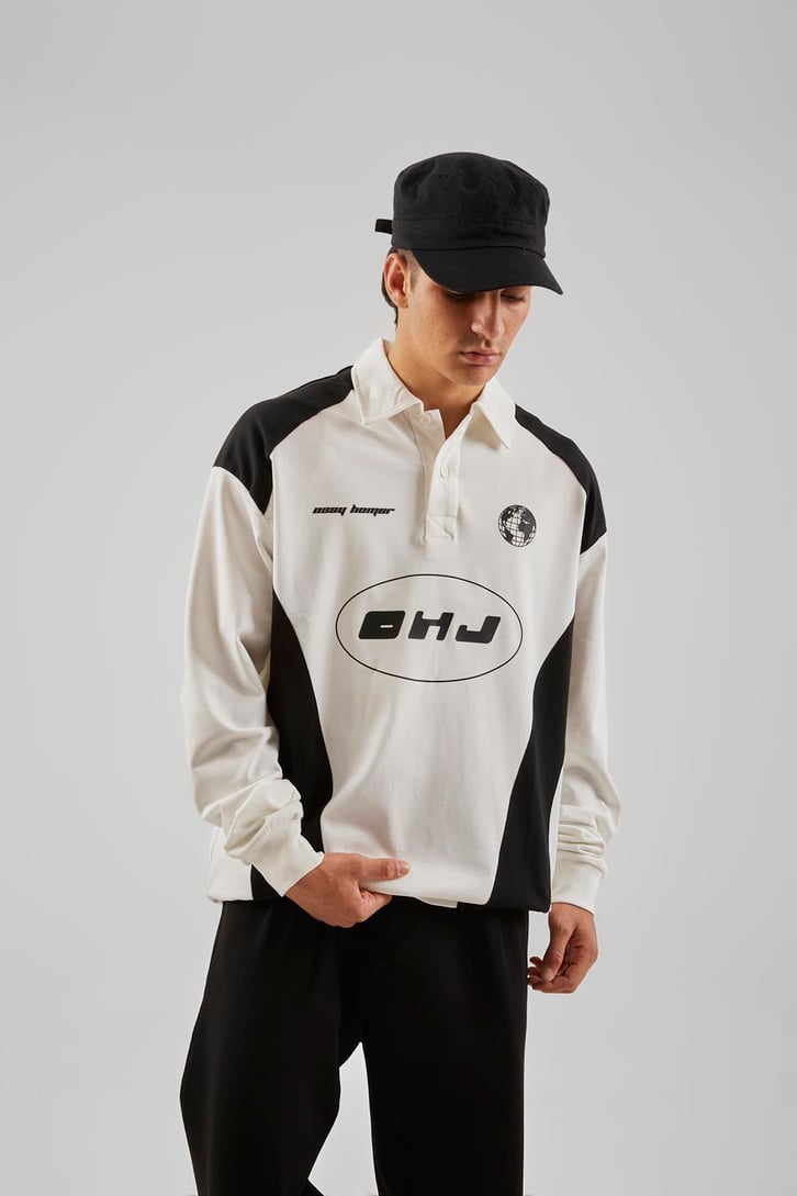 Ohj Baskılı Polo Yaka Beyaz Long Sleeve Tişört