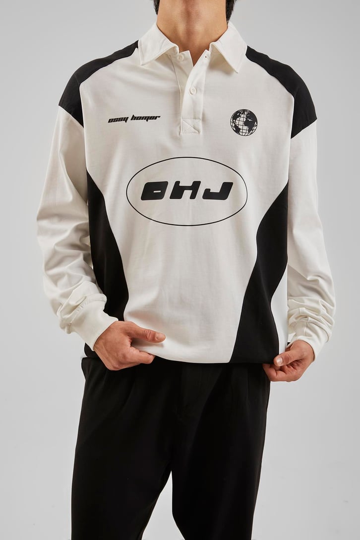 Ohj Baskılı Polo Yaka Beyaz Long Sleeve Tişört